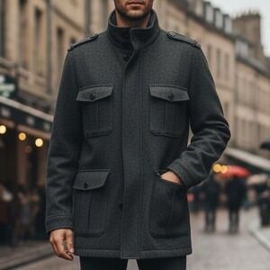 Express XL $218 Charcoal Wool Blend Military Jacket Epaulettes Four Pocket Front